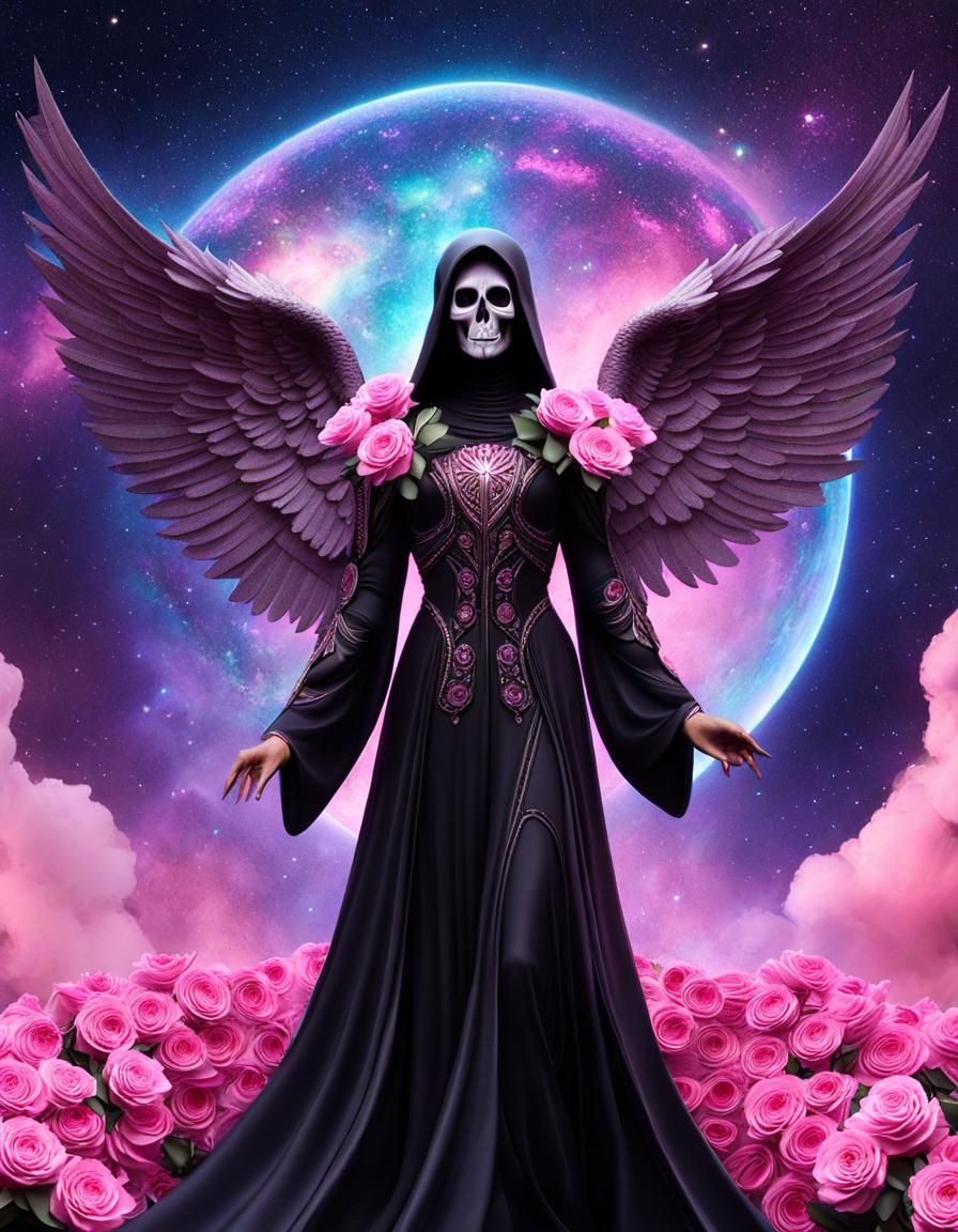 Angel of Death with Roses in Cosmic Space