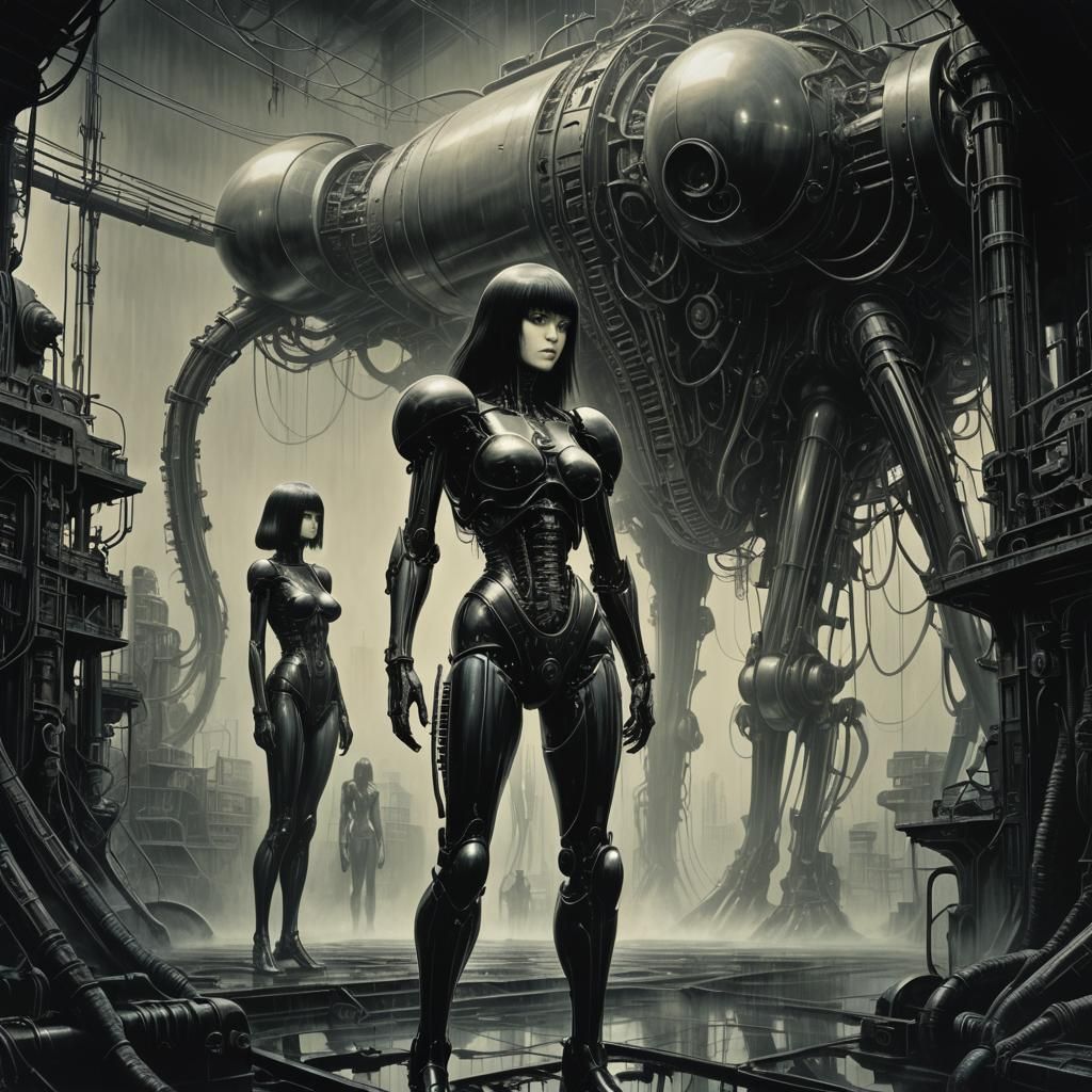 16k resolution, Taisho-era Lesbian Pulp in a Haunting Giger Landscape. Art by Goyo Hashiguchi, Takabatake Kasho, and HR ...