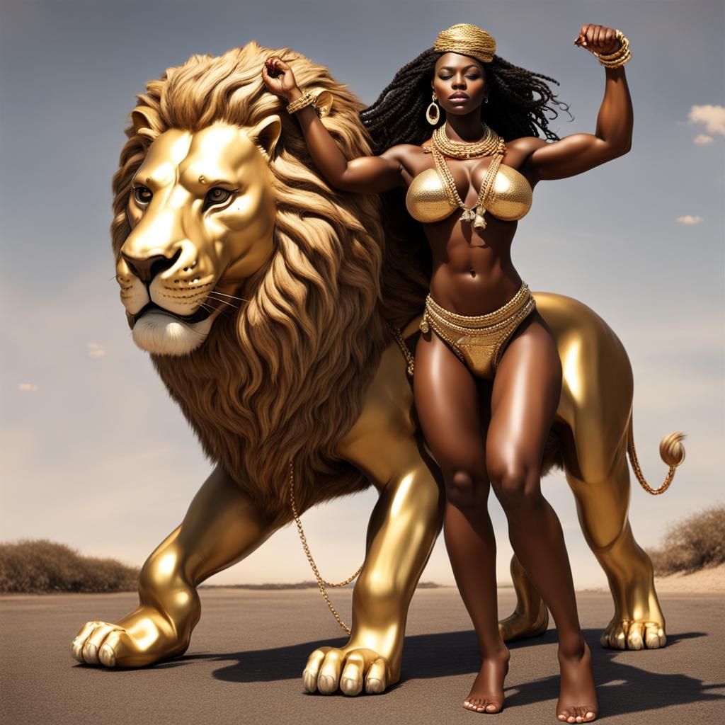 Muscular African Woman Riding a Lion