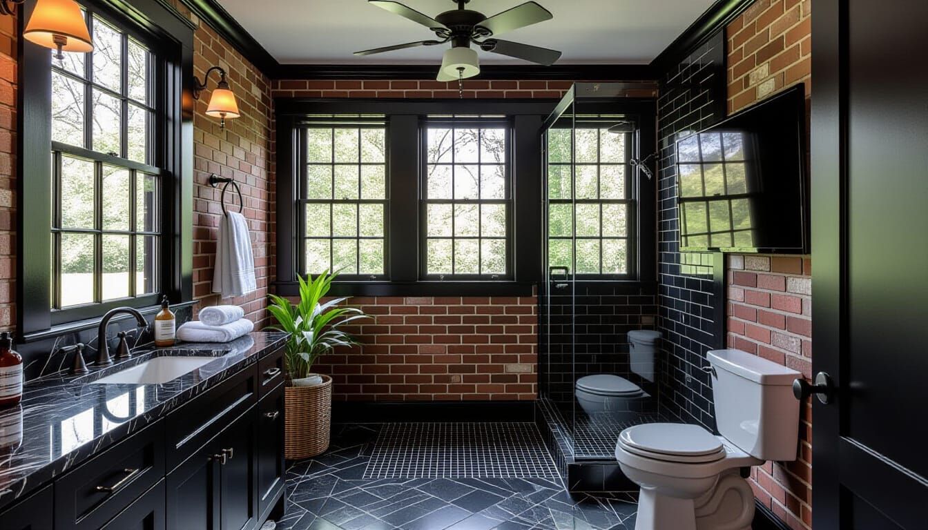 Victorian Bathroom with Brick Wallpaper and Marble Floor