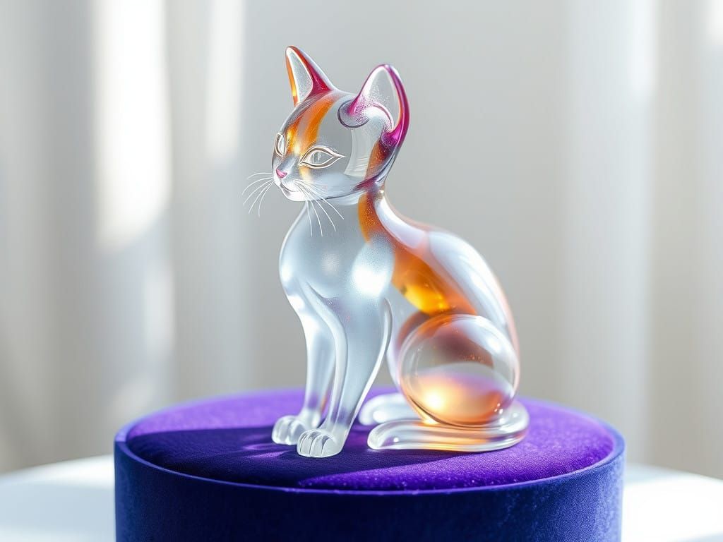 Ethereal Glass Cat Sculpture with Velvet Pedestal