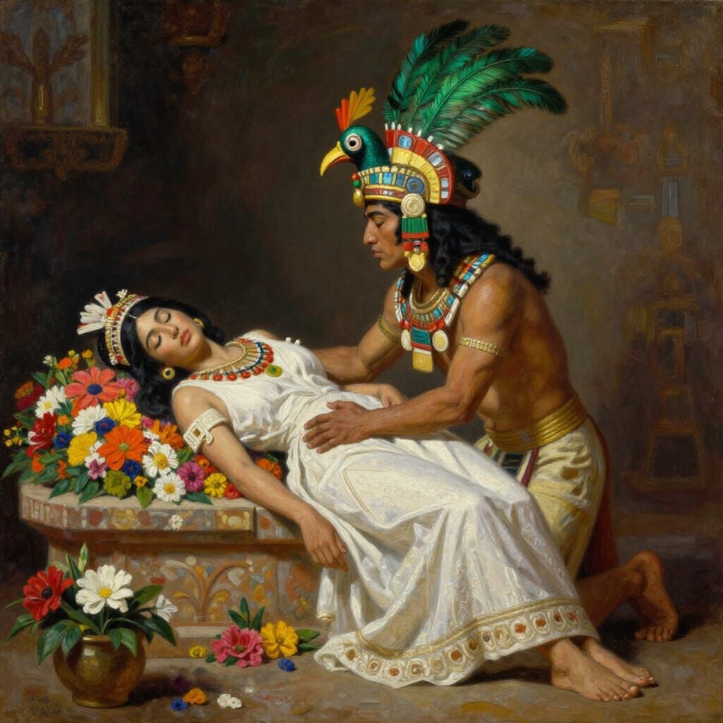 Aztec Couple on Floral Altar in Oil Painting Style