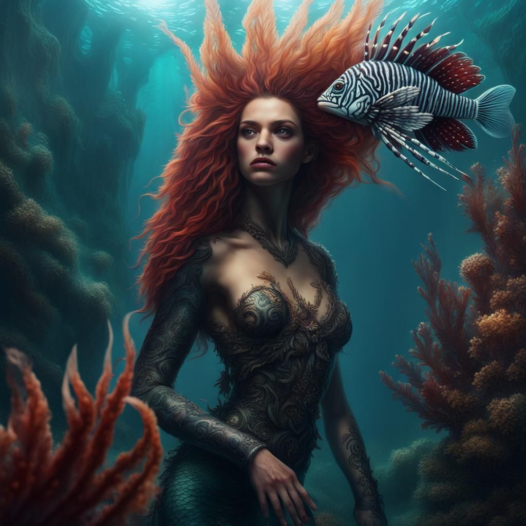 Evil Mermaid and Lionfish Fusion: Digital Matte Painting