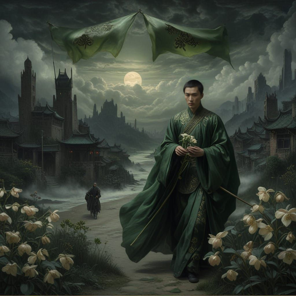 Ethereal Xianxia Knight Walks Through Pre-Raphaelite Landsca...