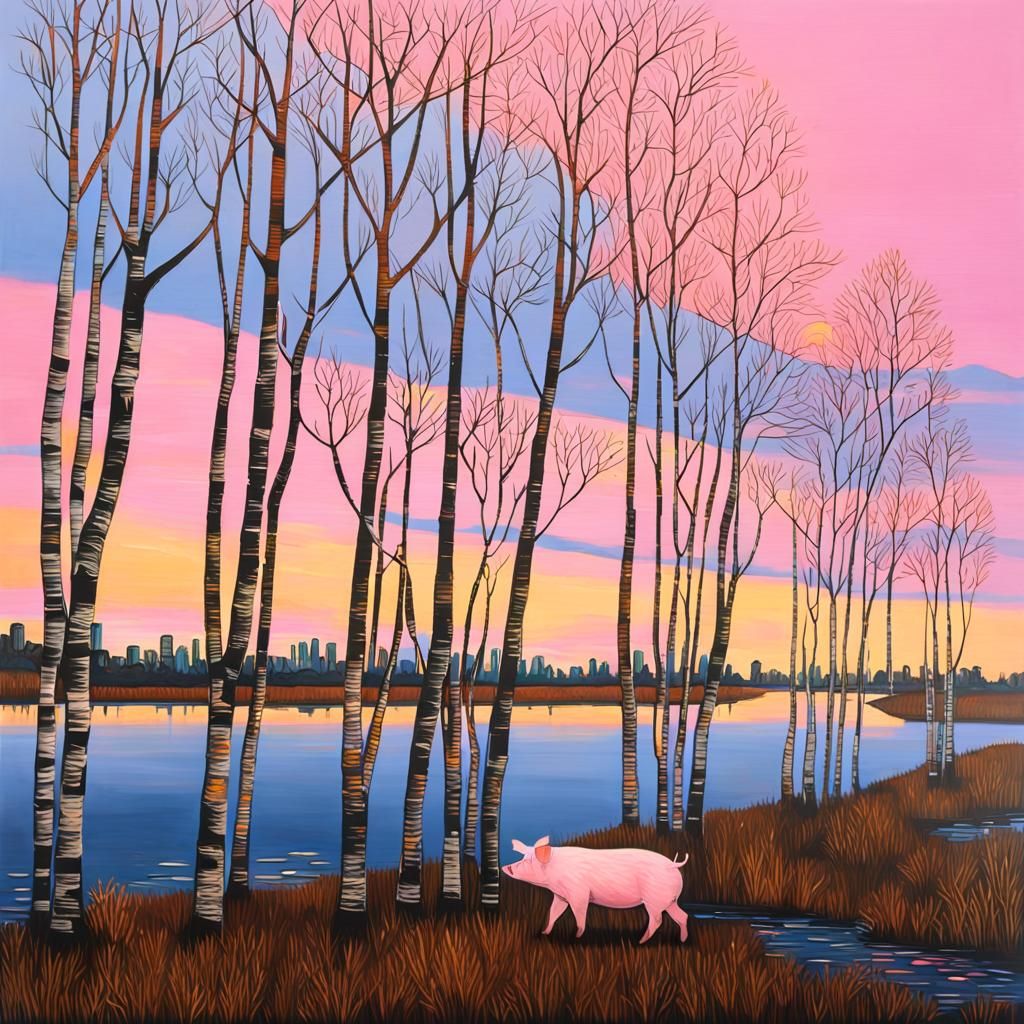 Hyperrealistic Pig Walks at Dusk in Mangrove Swamp