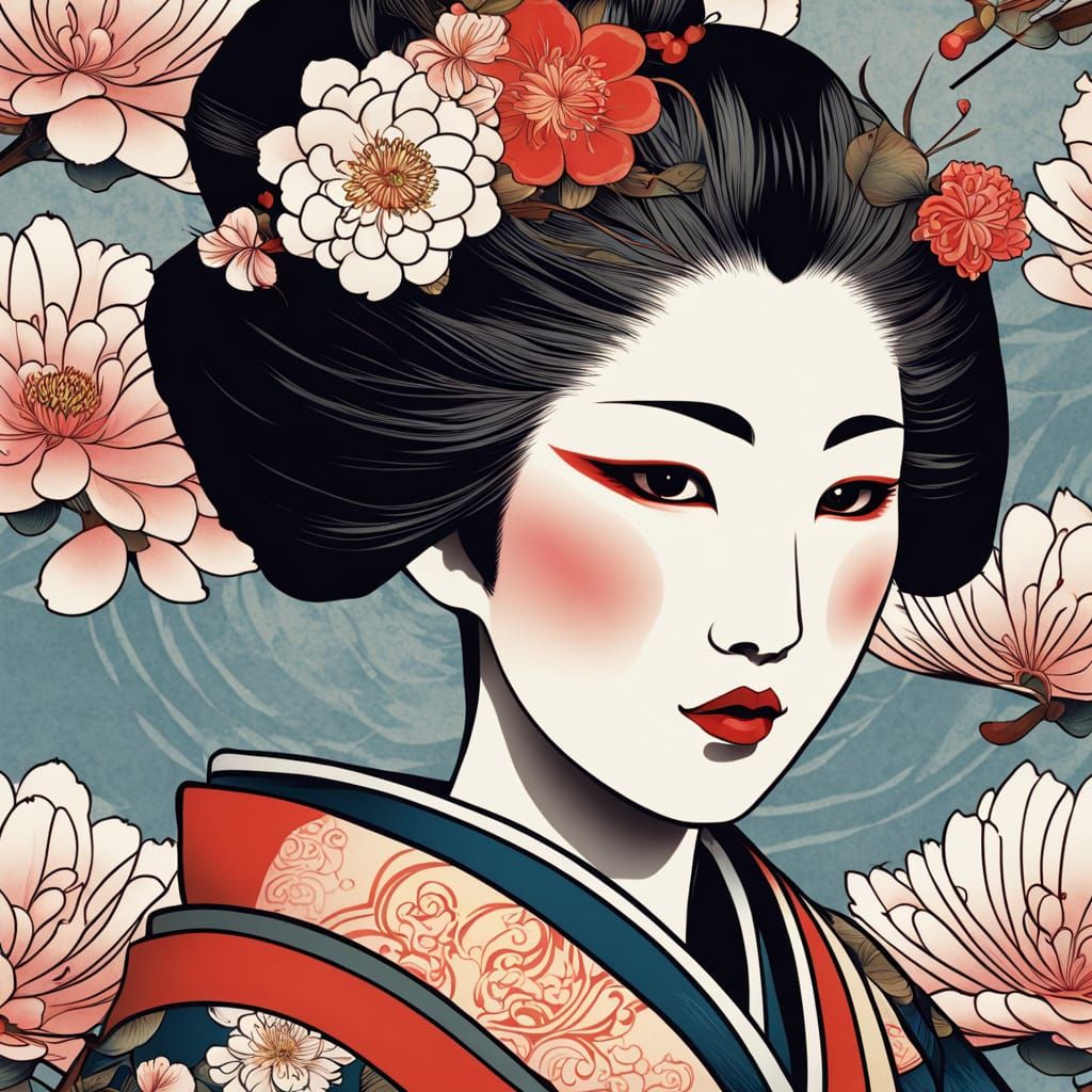 Melancholic Geisha Portrait with Cherry Tree in Fantasy Art