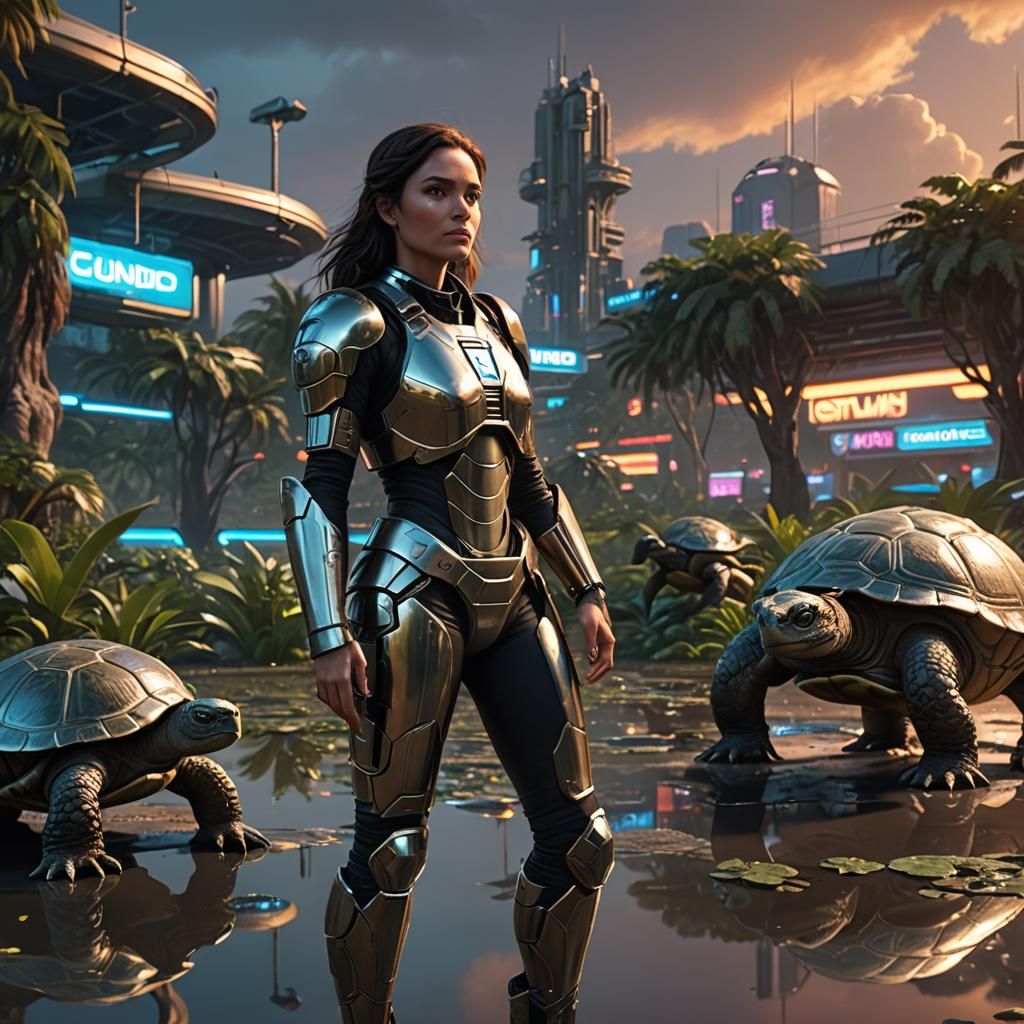 Sci-Fi Brunette on Turtle Island in Metallic Armor