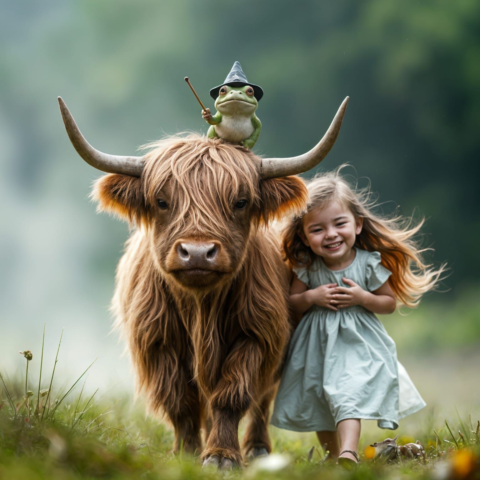 Fantasy Highland Cow and Girl in Whimsical Landscape