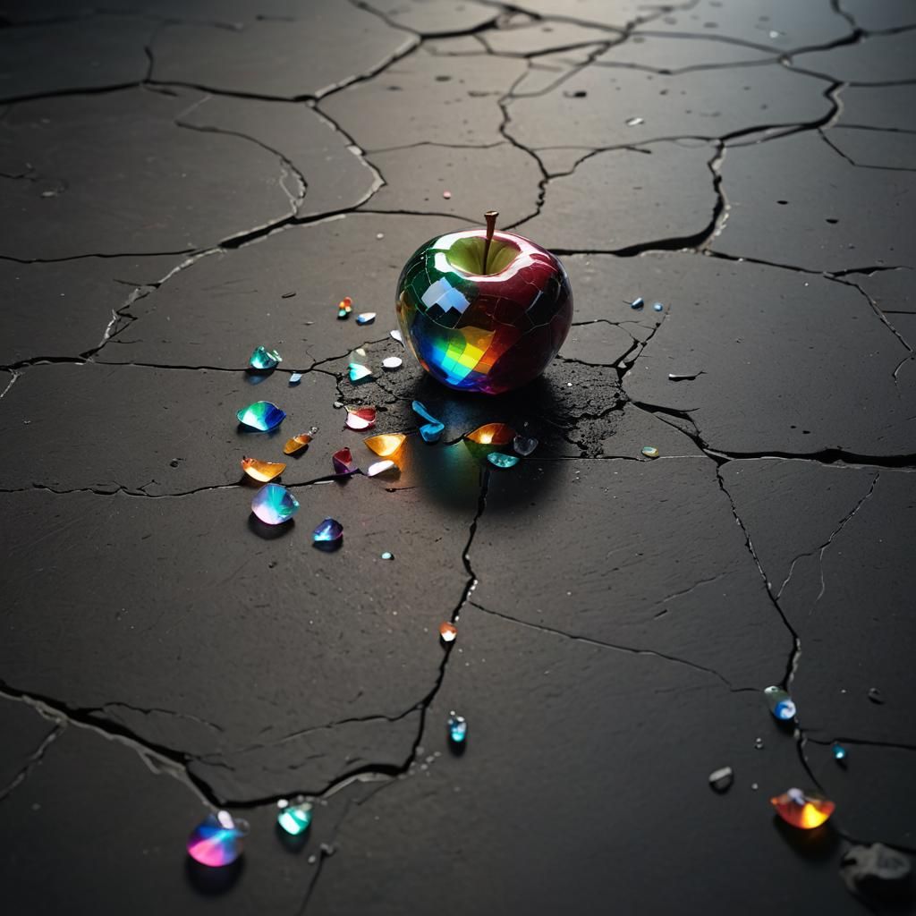 Shattered Glass Apple on Stone Floor