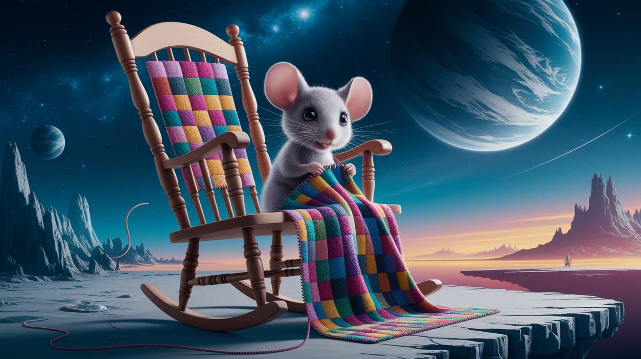 Cosmic Mouse Knits in Gigantic Rocking Chair