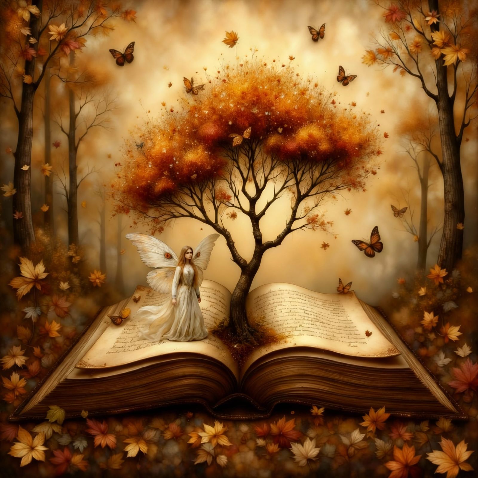 Tiny Fairy on Book Near Tree Trunk