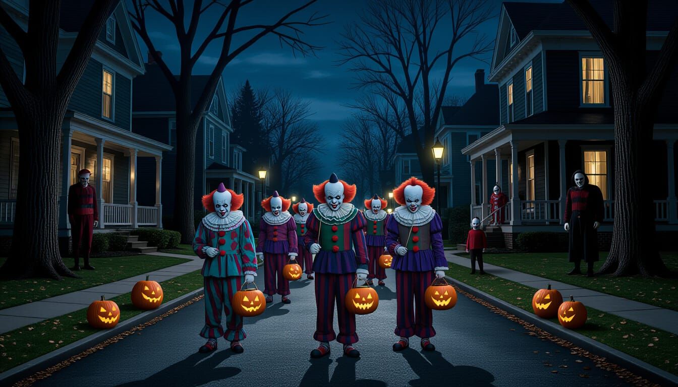 Elm Street Clowns Trick-or-Treating with Horror Icons