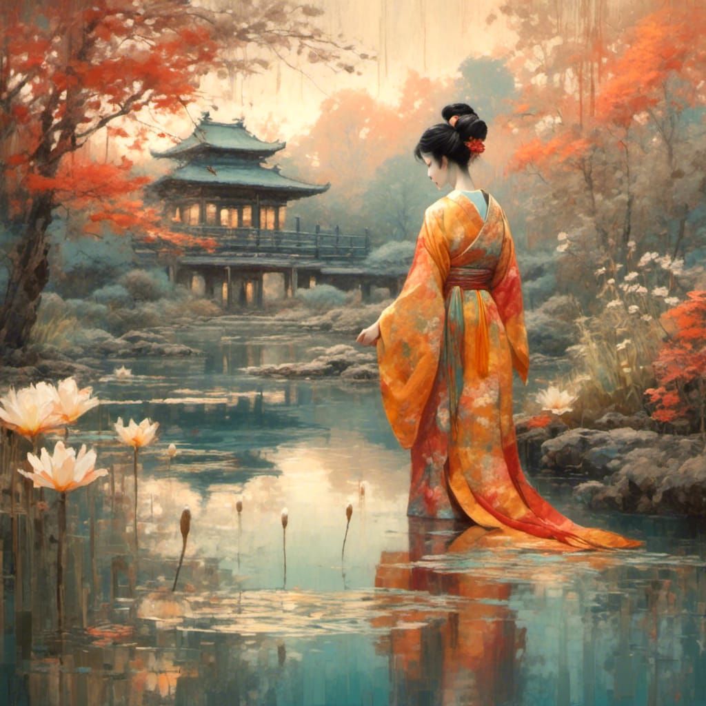 Geisha by Lily Pond in Ukiyo-e Style