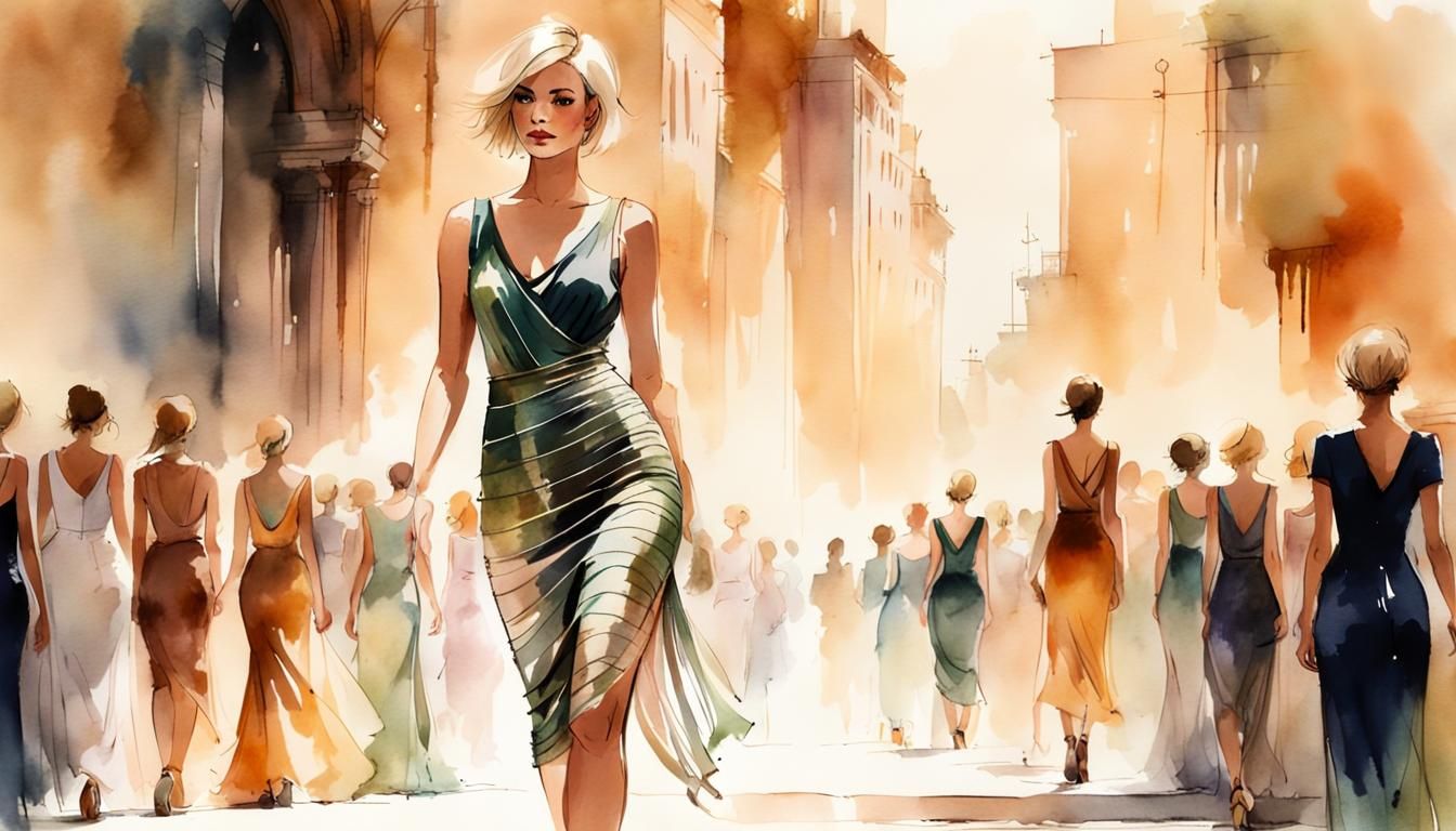 Exotic Woman on Runway: Watercolor Fashion Illustration
