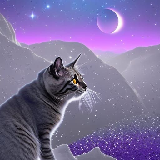 Cute Cat Dreams of Starry Night: Digital Art