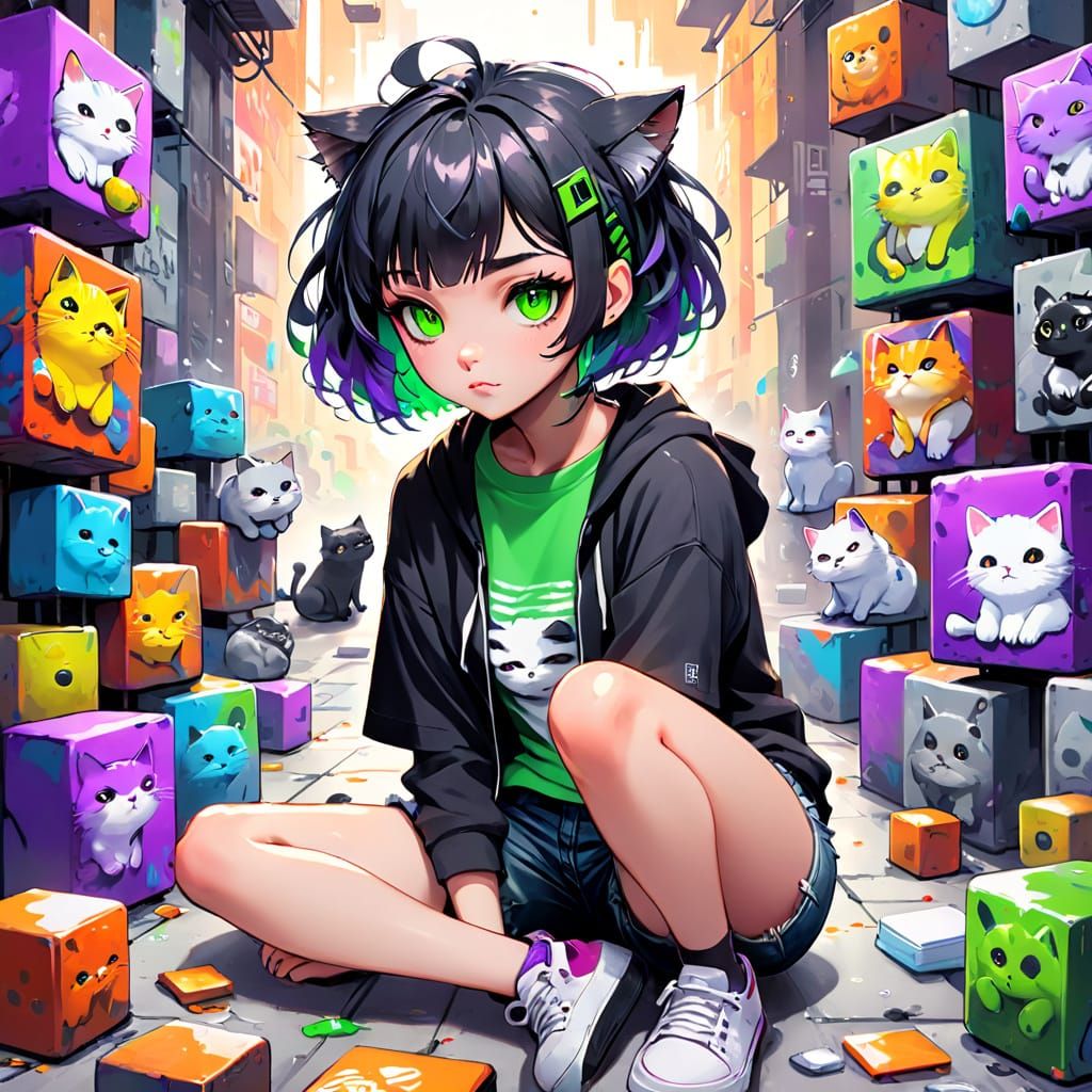 Vibrant Anime Portrait of an Emo Girl in a Colorful Street A...