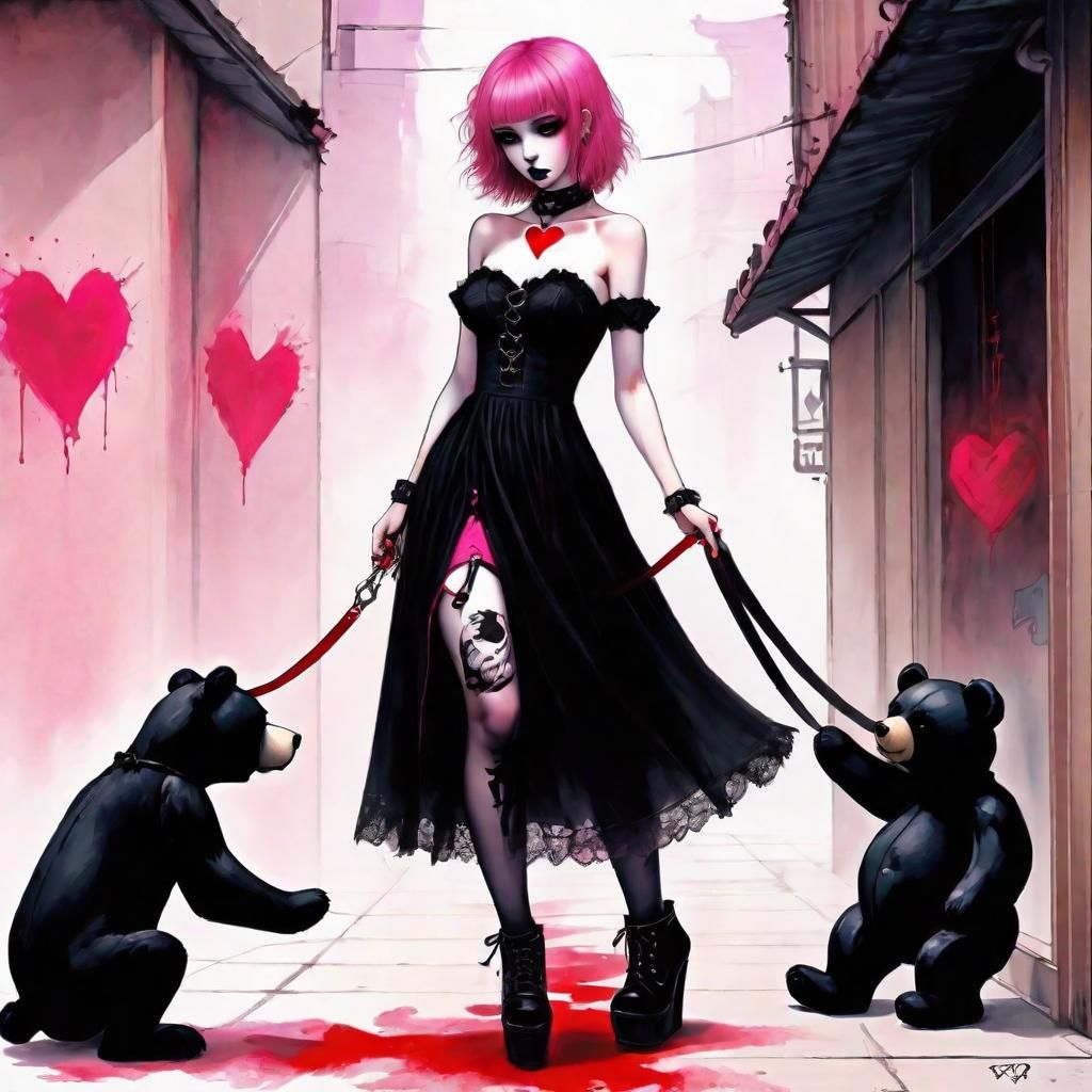 Goth Emo Girl with Teddy Bear in Anime Style