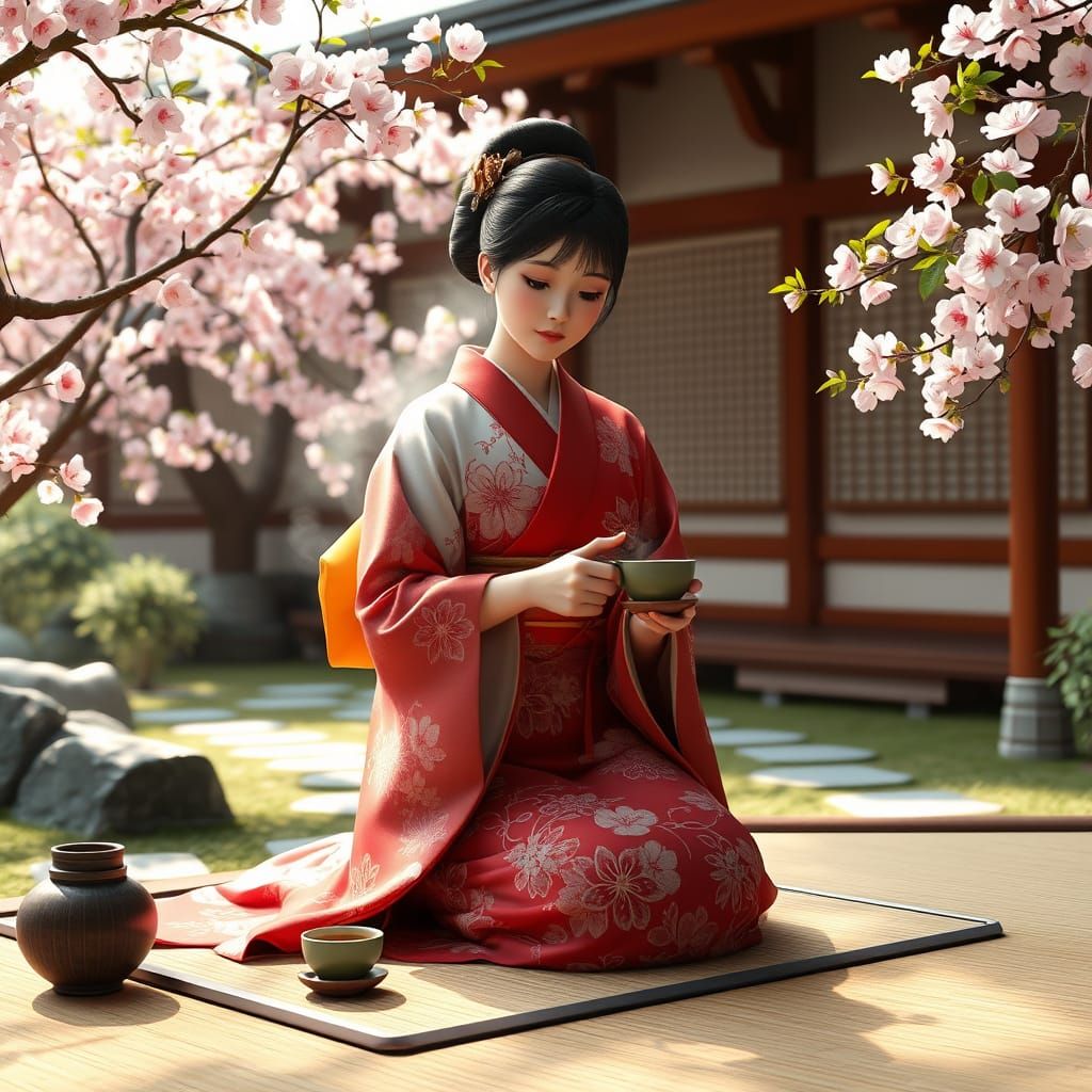 Elegant Japanese Tradwife in Cherry Blossom Zen Garden