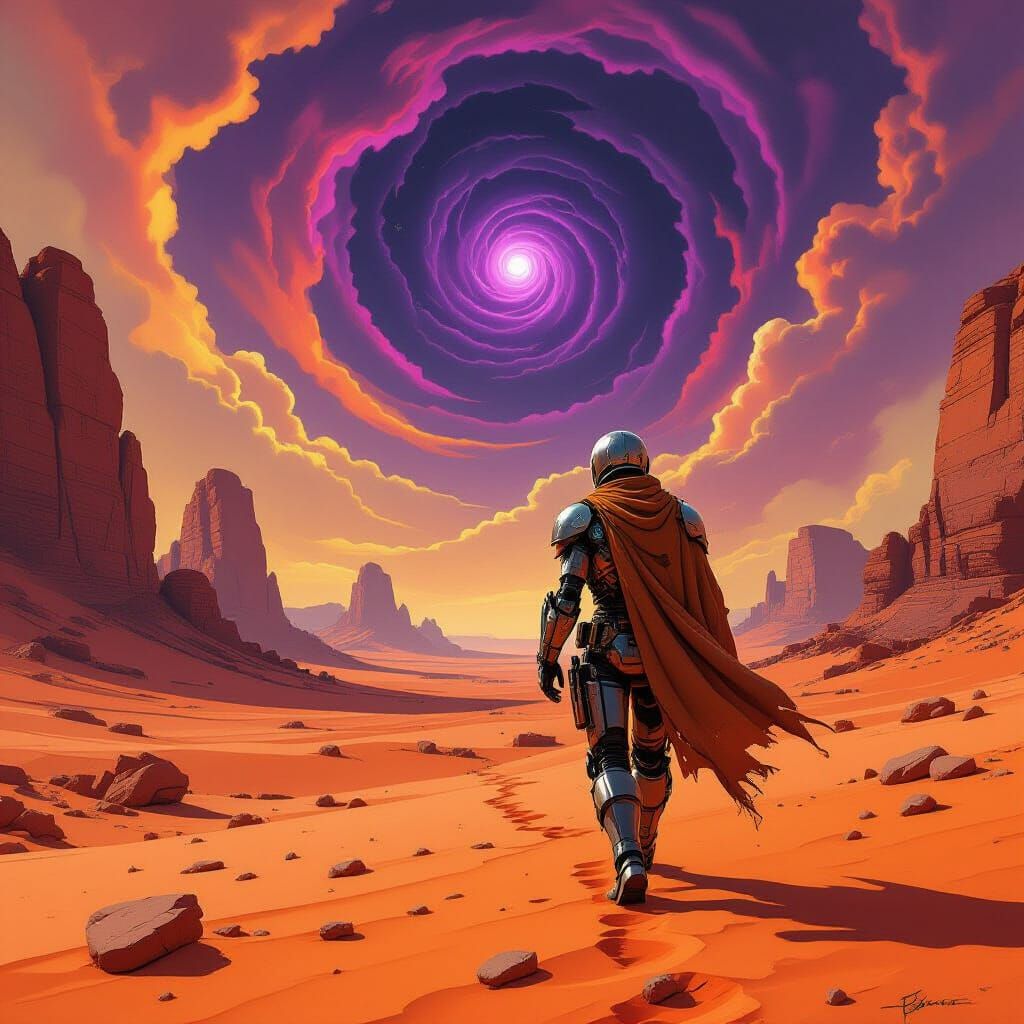 Cyborg Explorer in Alien Desert, Gritty Sci-Fi Art