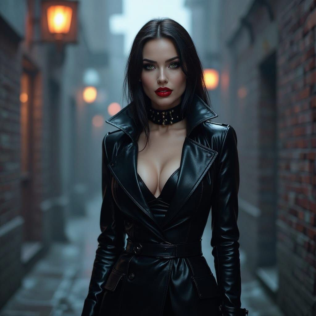Latex Vampire in Misty Alley: Cyberpunk Gothic Style
