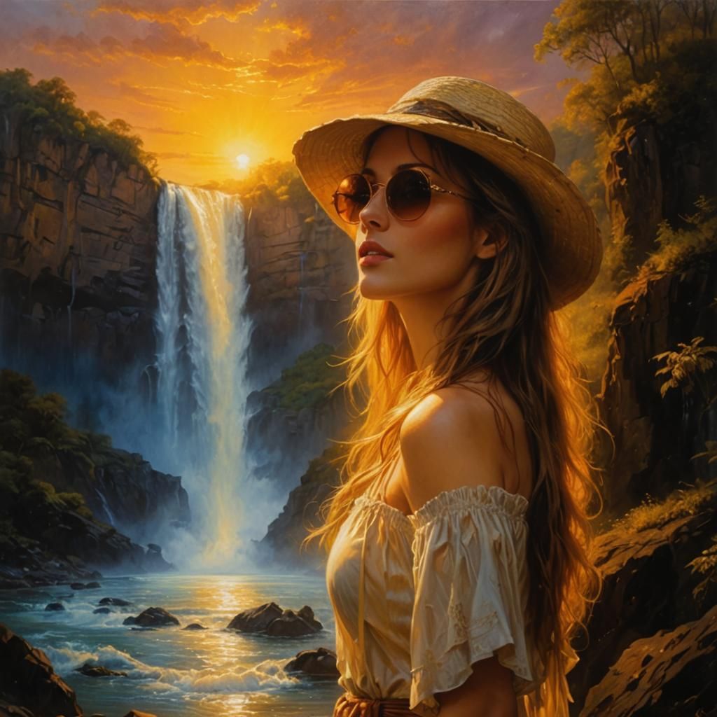 Woman in Sunglasses and Straw Hat by Majestic Waterfall
