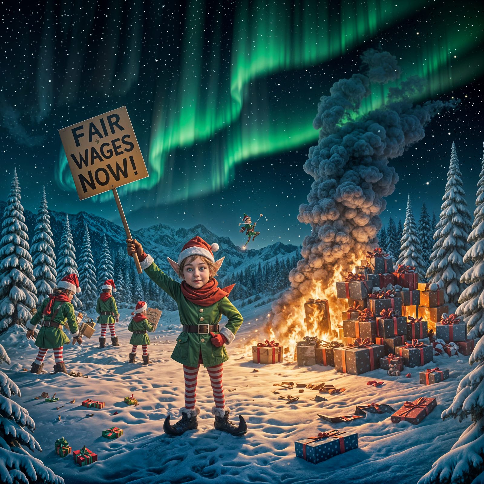 Rebellion of Santa's Elves in a Chaotic Snowy Landscape