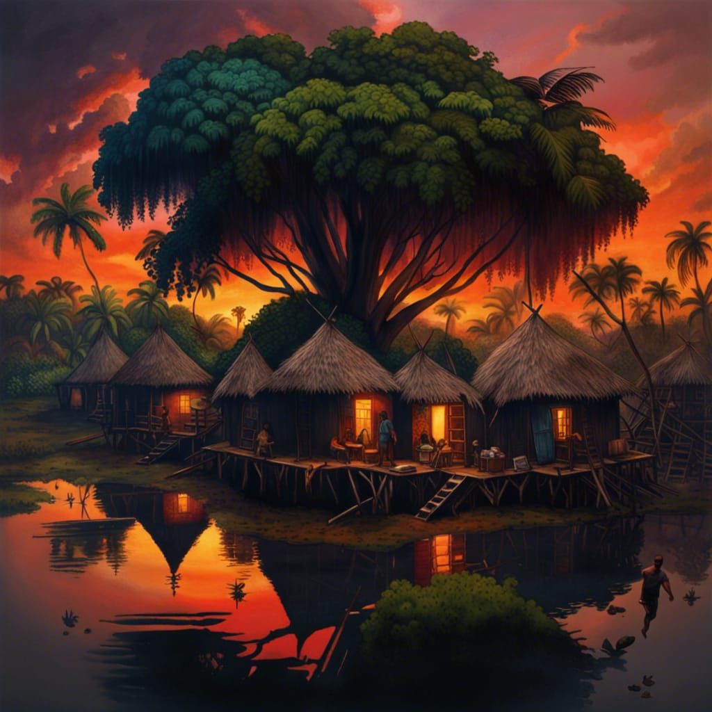 Colorful Congolese Village at Sunset: Photorealistic Render