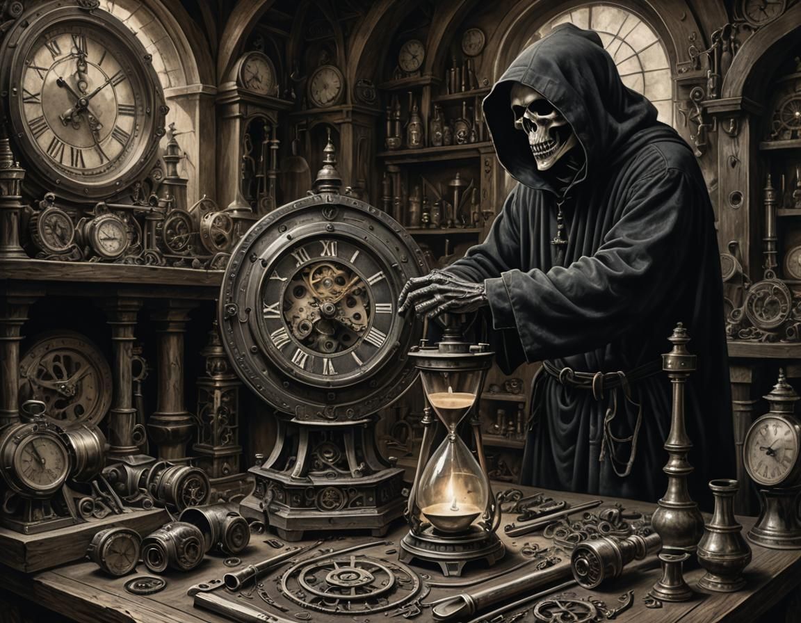 Grim Reaper: Hourglass Master in Charcoal Drawing