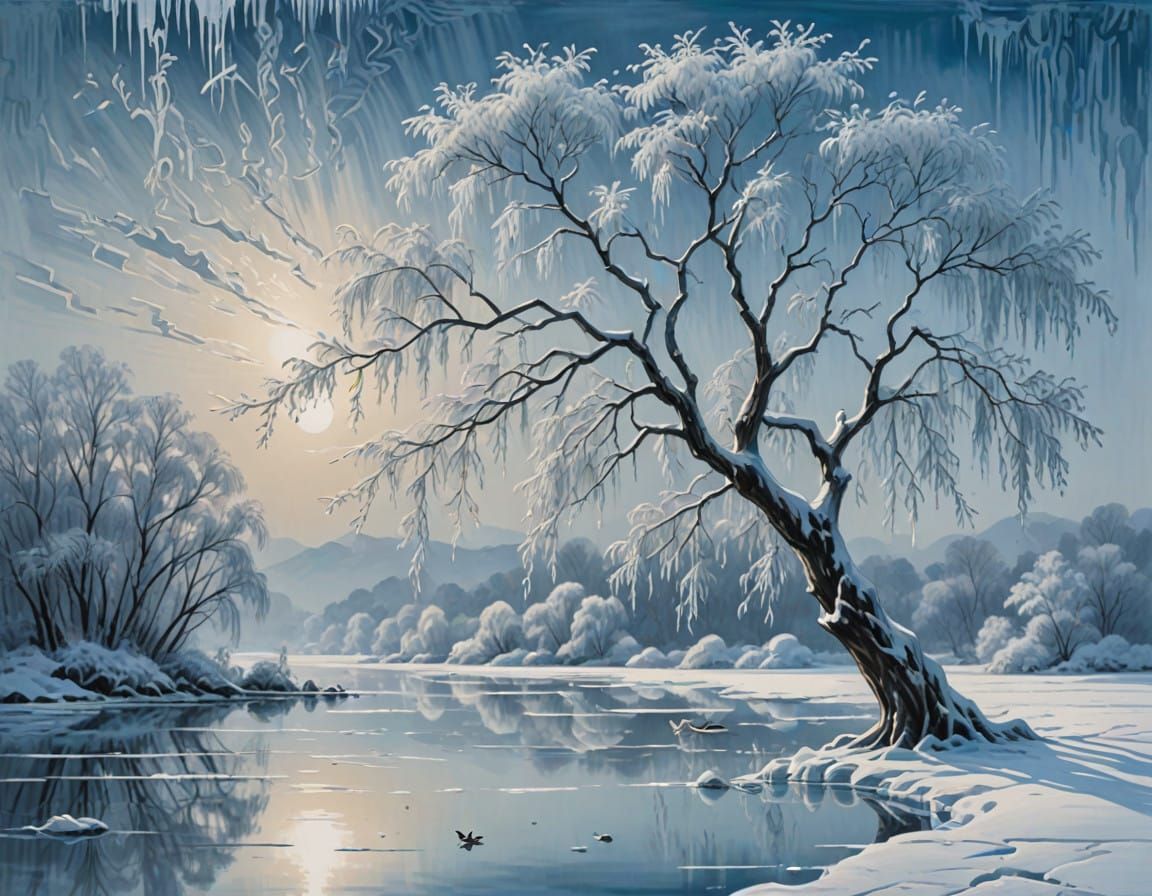 Ethereal Monochrome Lake Scene with Majestic Willow and Froz...