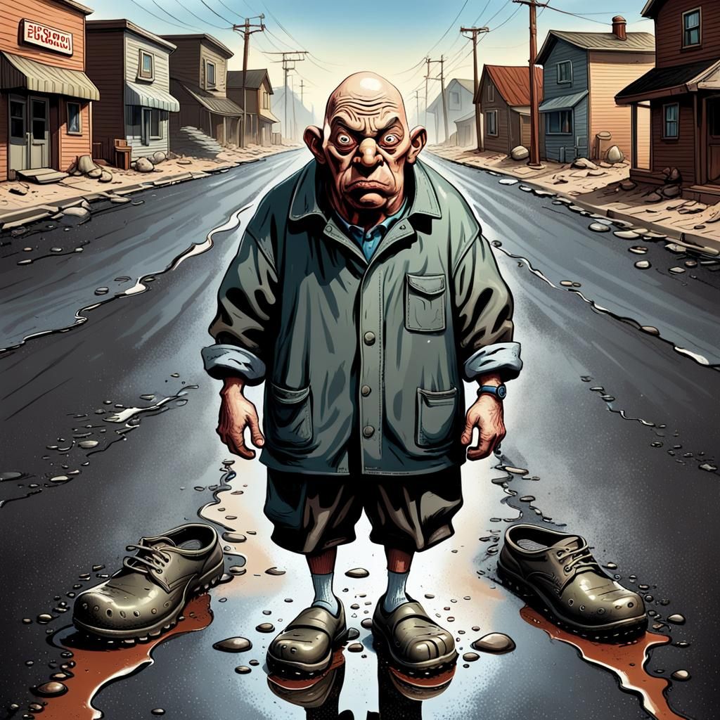 Menacing Bald Man Caricature on Melting Road
