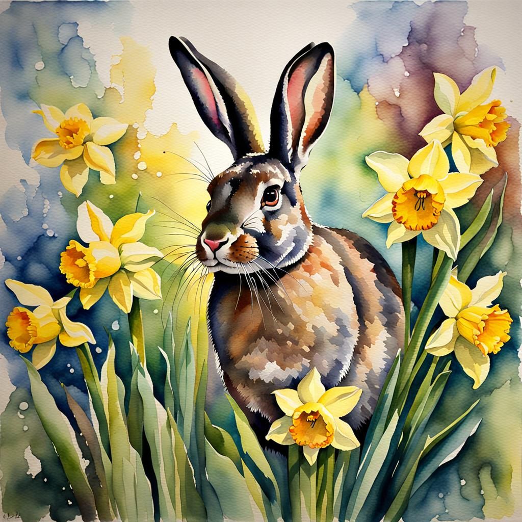 Watercolor Rabbit and Daffodils in Spring
