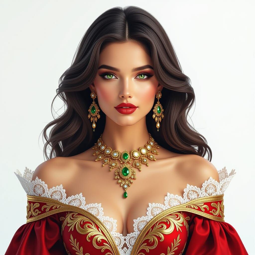 Elegant Brunette in Avant-Garde Red and Gold Gown