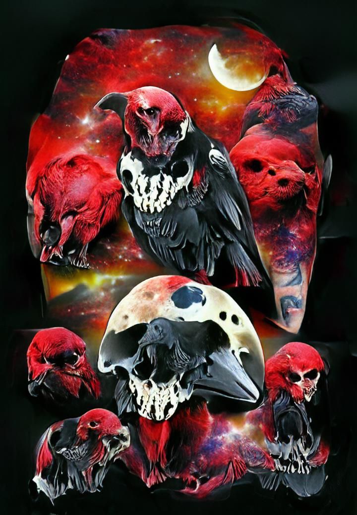 Creepy Raven Skull with Red Moon