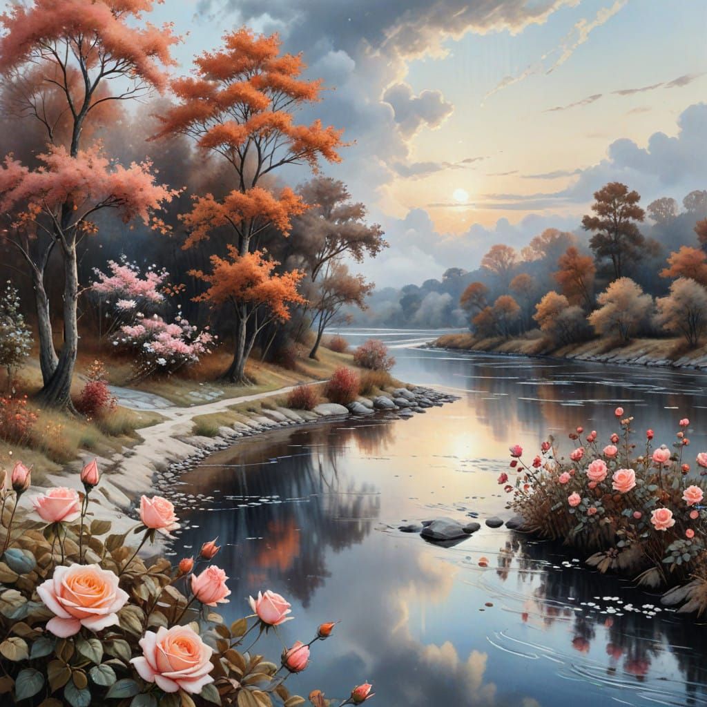 Romantic Pink and Gray Landscape with Roses and Trees