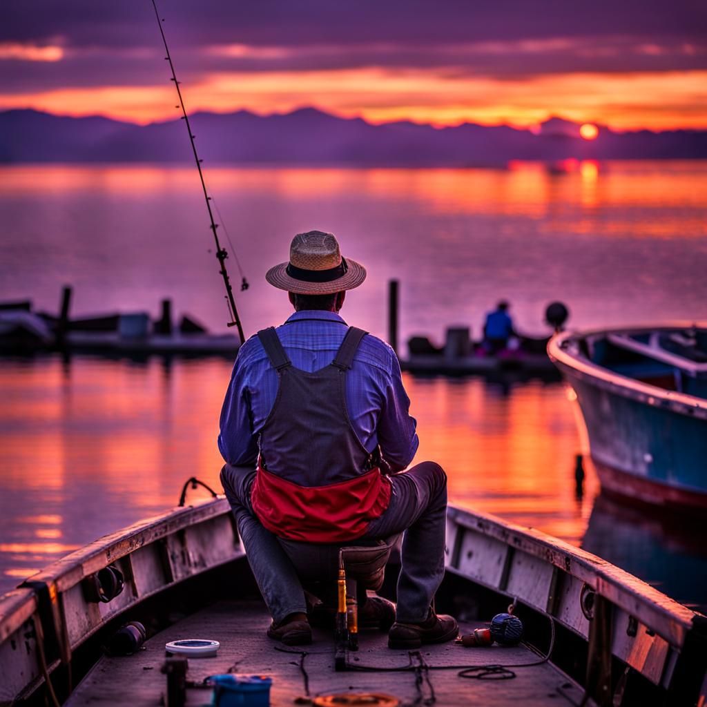 Fisherman Contemplates Sunset in Picturesque Town