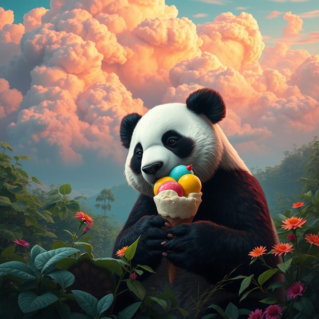 Panda in Vibrant Dreamlike Landscape Enjoying Ice Cream