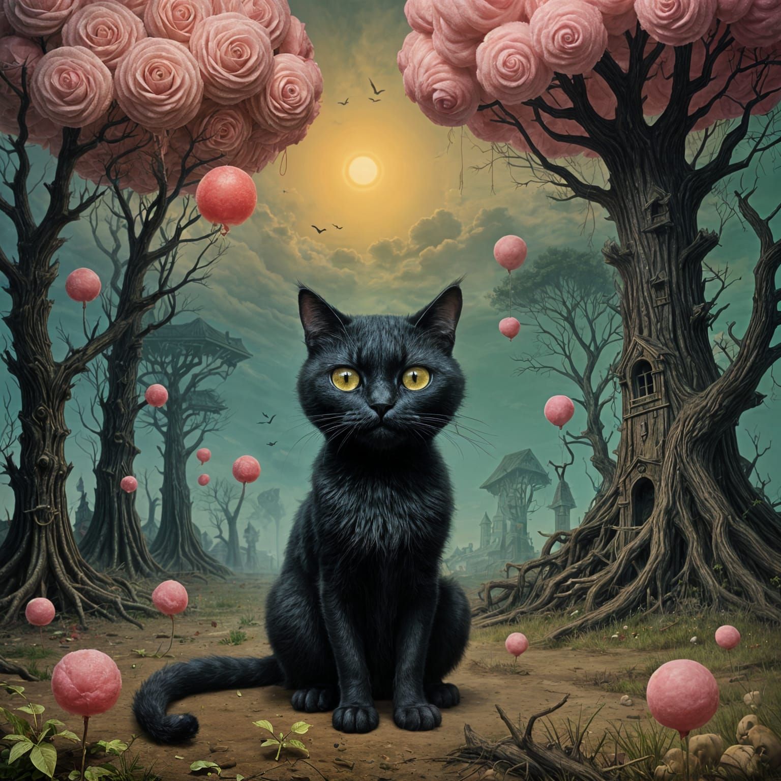 Surreal Sugar Glass Mansion with a Dark Feline Guardian