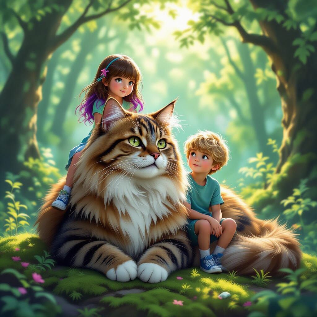 Children Ride Giant Cat in Enchanted Forest