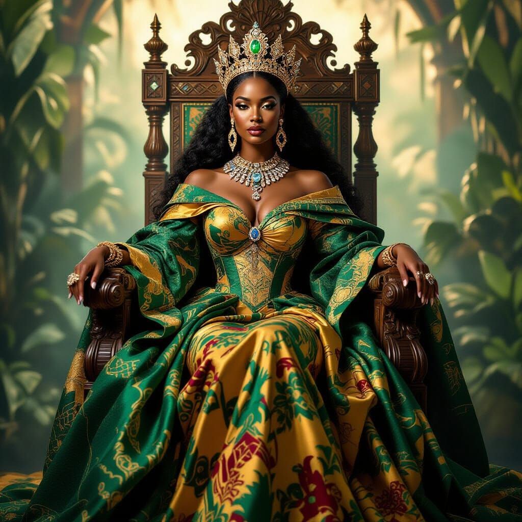 Majestic Black Queen on Kente Throne, Renaissance Style