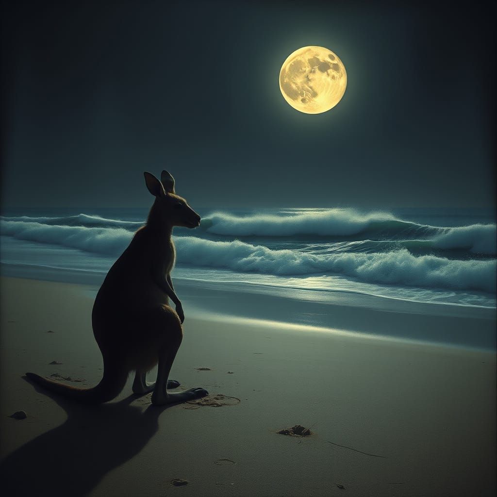 Kangaroo Contemplates Ocean in Dark Surreal Style