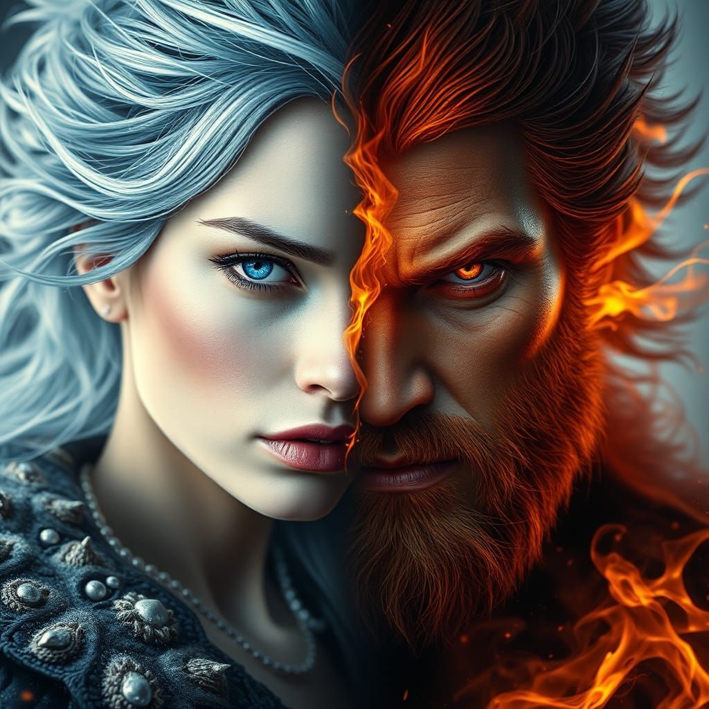 Elemental Portrait of Ice and Fire in Digital Art Style