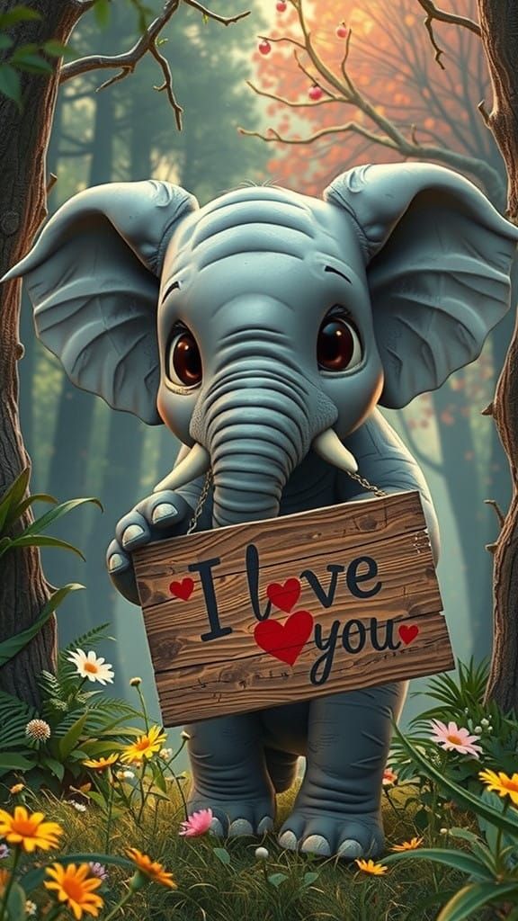 Surreal Forest Scene Featuring Chubby Baby Elephant with Ove...