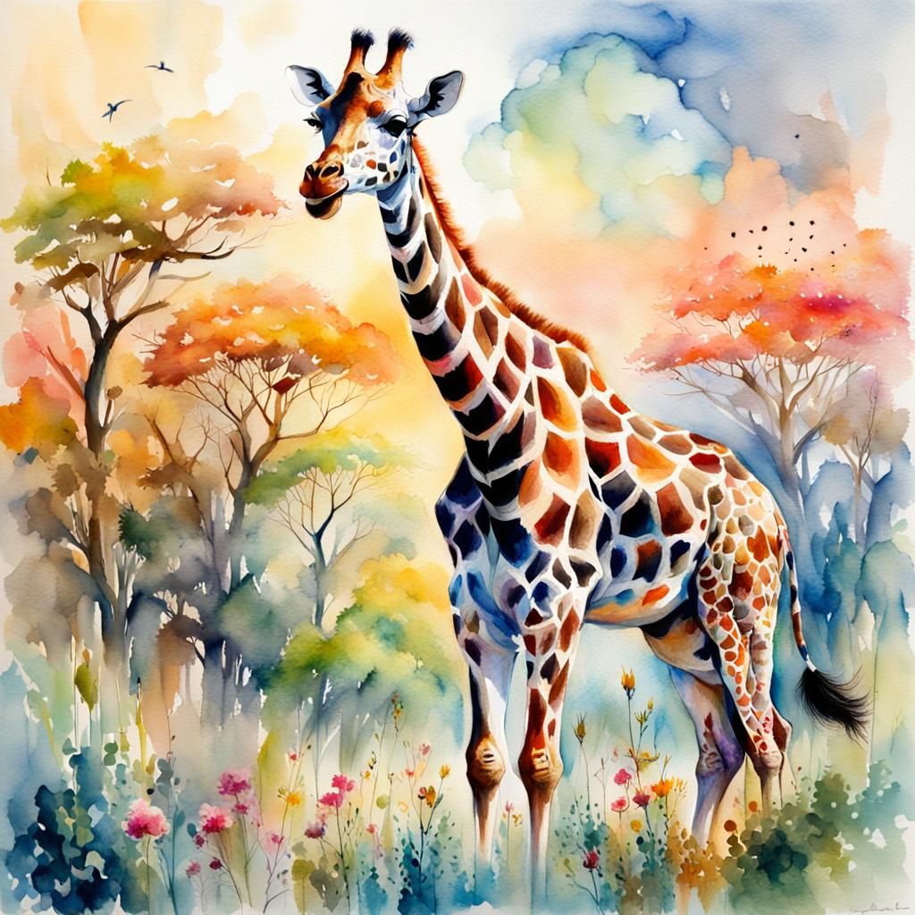 Giraffe in Vibrant Savannah Landscape