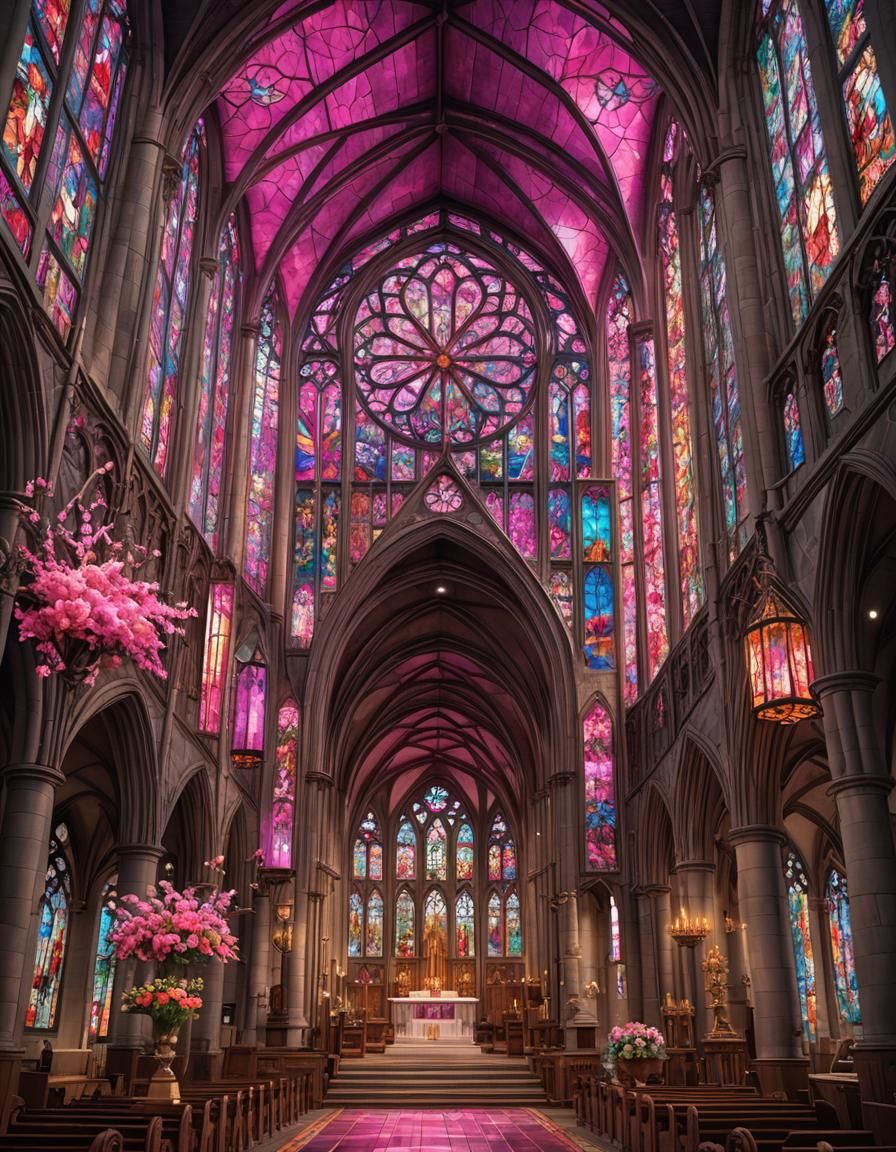 Stained Glass Church with Pink Flower, Digital Matte Paintin...