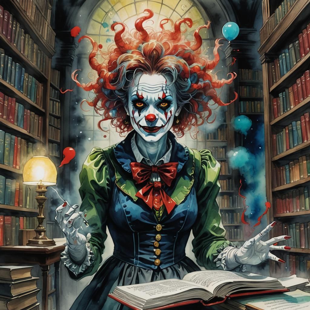 Fantasy Librarian with Magic Powers: Ink Wash Painting