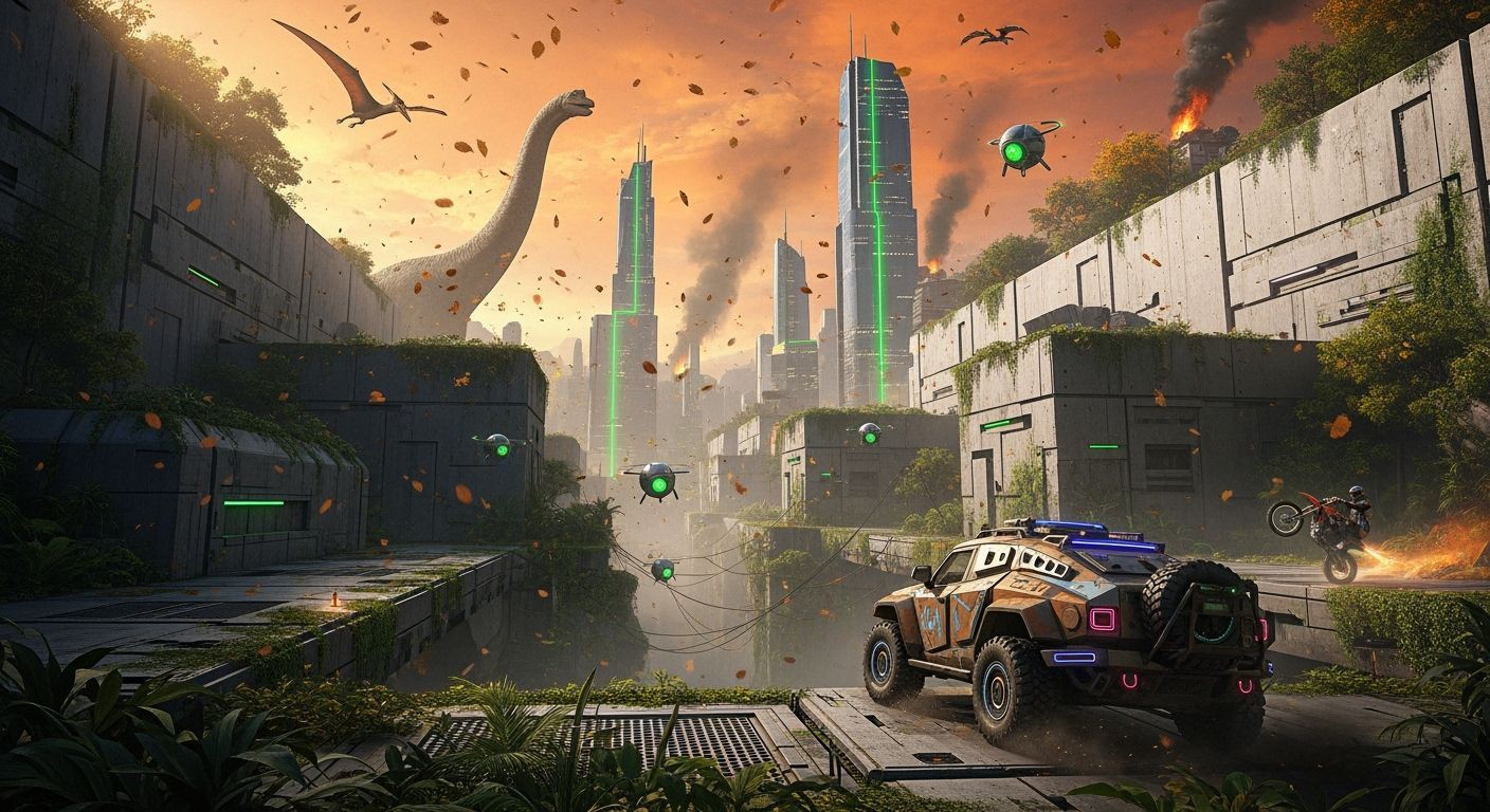 Futuristic Brutalist Cityscape with Jungle and Drones