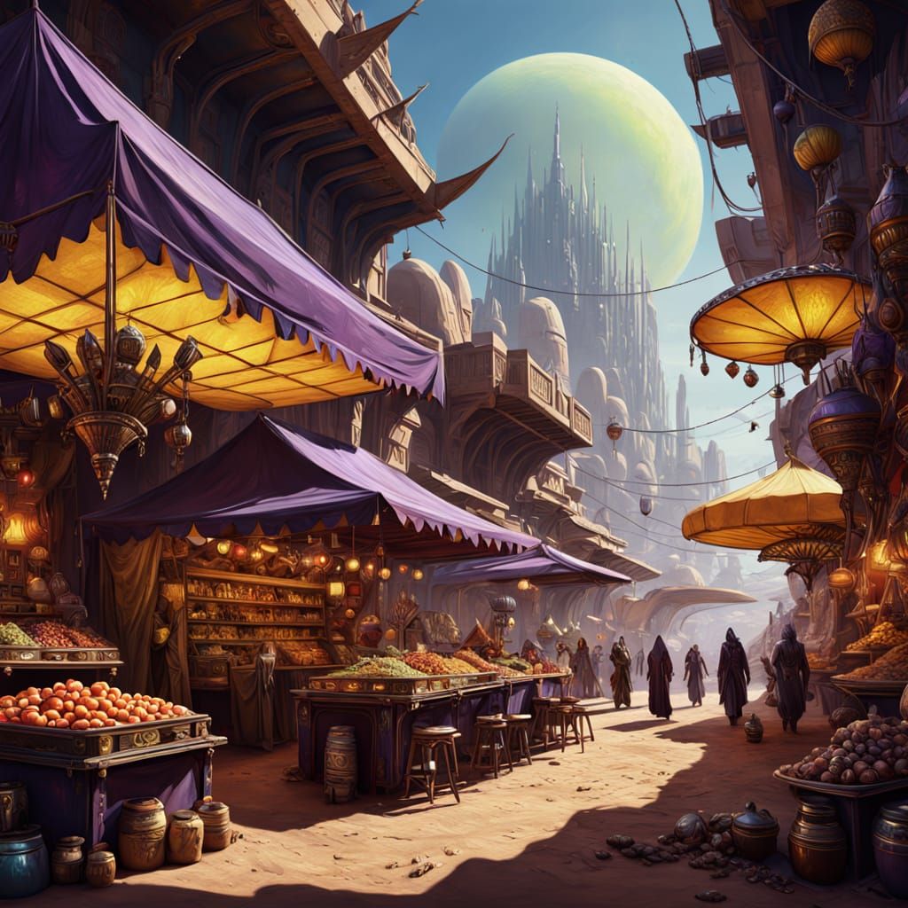 Exotic Alien Marketplace on Desert Planet: Digital Art