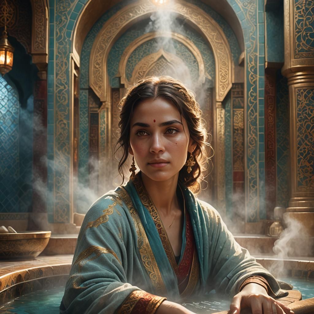Serene Woman in Hamam: Detailed Matte Painting