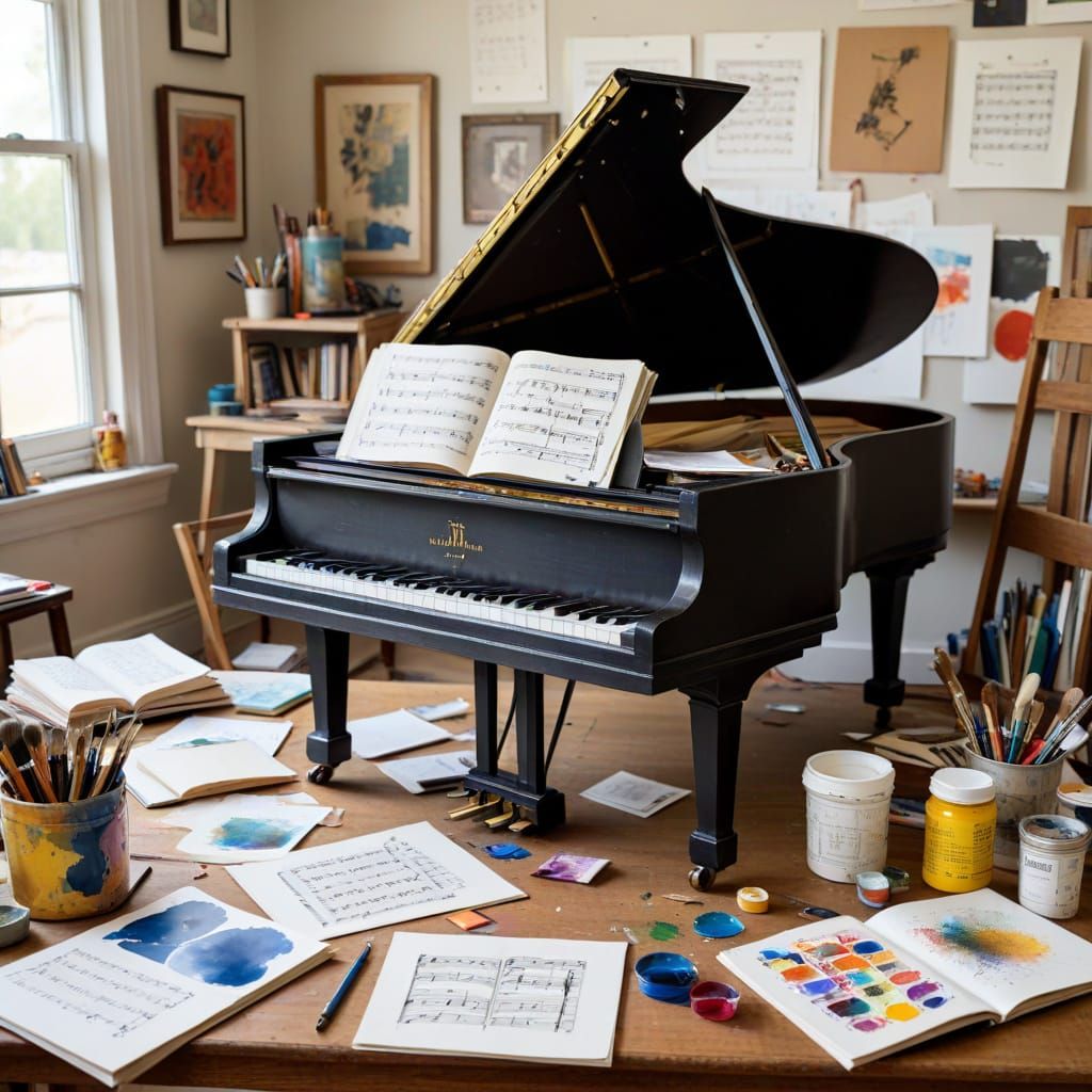 Art Studio with Piano Sketch and Flying Music Notes