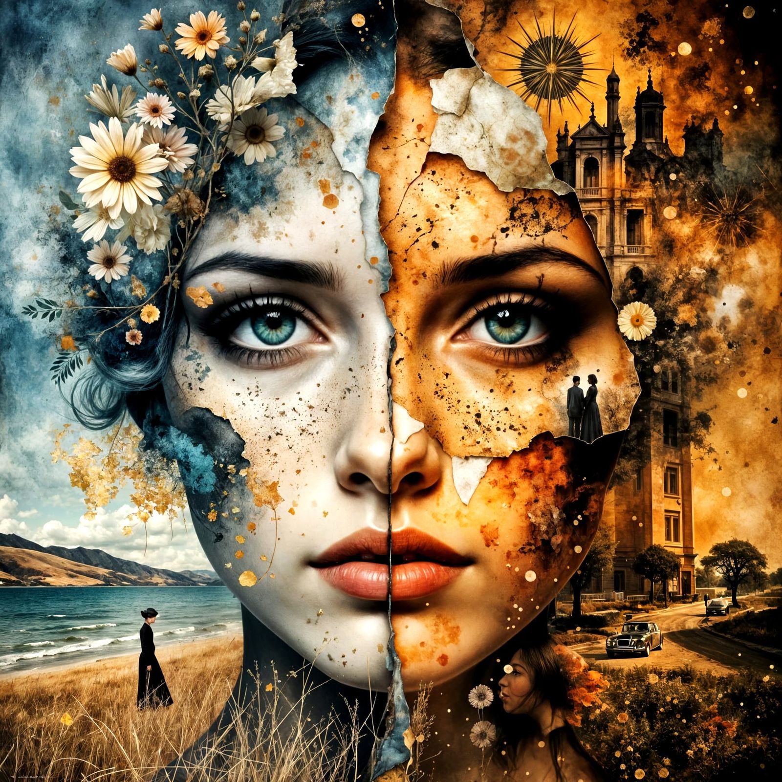 Surreal Collage of Vintage Portraits and Ink Figures